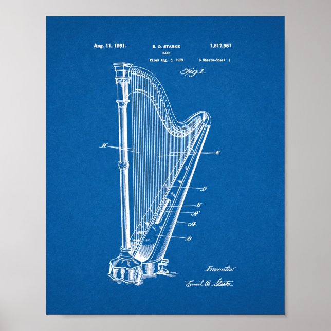 Harp Patent - Blueprint Poster (Front)
