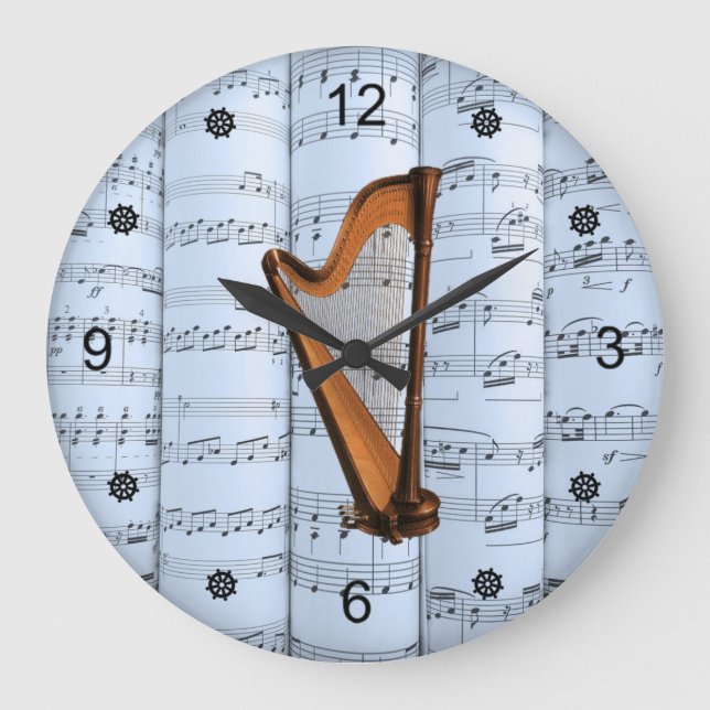 Harp ~ Rolled Sheet Music ~ Blue Tint Background ~ Large Clock (Front)