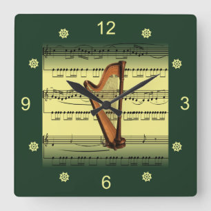 Harp~Rolled Sheet Music~Gold/Green Background~ ~ Square Wall Clock