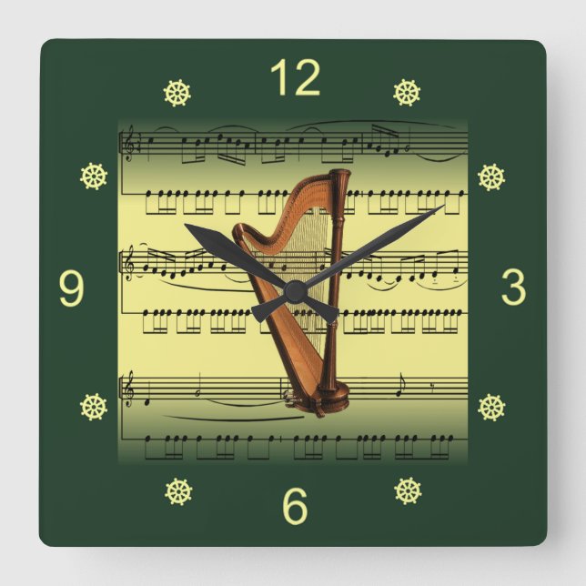 Harp~Rolled Sheet Music~Gold/Green Background~  ~  Square Wall Clock (Front)