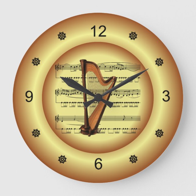 ~ Harp ~  Sheet Music ~ Gold Background ~ Large Clock (Front)