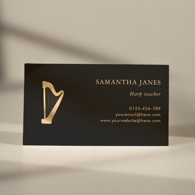 Harp Teacher Black and Gold Professional  Business Card (Creator Uploaded)