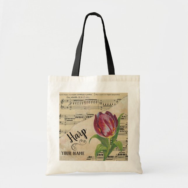 Harp Tulip Vintage Sheet Music Customised Tote Bag (Front)