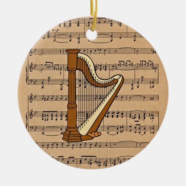 Harp With Sheet Music Background Ceramic Tree Decoration (Front)