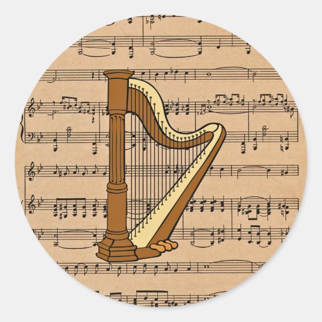 Harp With Sheet Music Background Classic Round Sticker (Front)