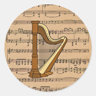 Harp With Sheet Music Background Classic Round Sticker