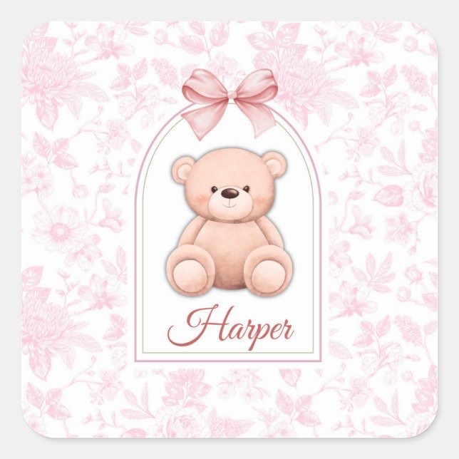 Harper | Custom Pink Teddy Bear Nursery Design  Square Sticker (Front)