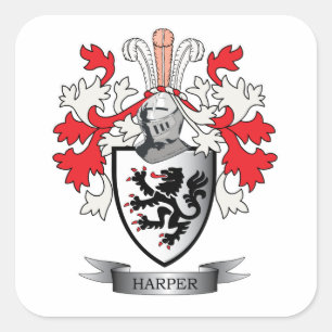Harper Family Crest Coat of Arms Square Sticker