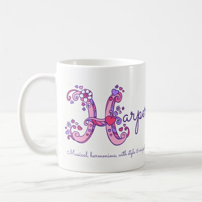 Harper name meaning heart flower H monogram mug (Left)