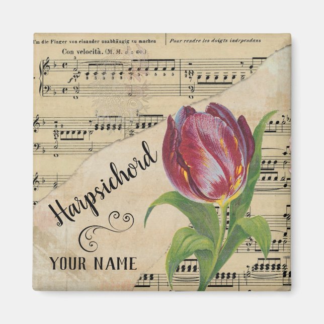 Harpsichord Tulip Vintage Sheet Music Customised Magnet (Front)
