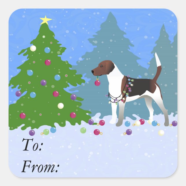 Harrier or Beagle Decorating a Christmas tree Square Sticker (Front)