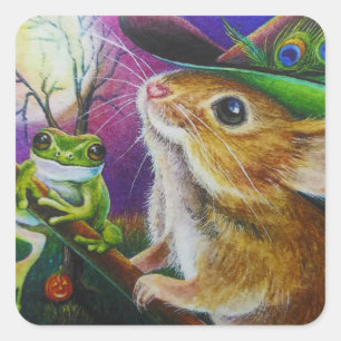 Harriet Halloween Witch Mouse Frog Watercolor Art Square Sticker
