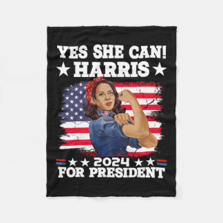 Harris 2024 President Election Kamala Yes She Can  Fleece Blanket