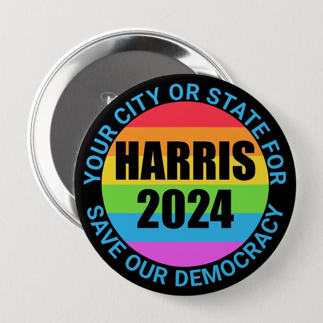 Harris 2024 Rainbow Colours Save Democracy Campaig 10 Cm Round Badge (Front & Back)