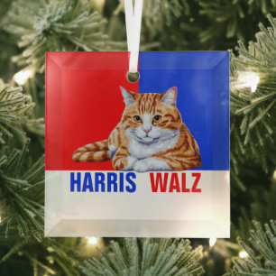 Harris Walz 2024 Obviously Cat Red Blue Glass Tree Decoration