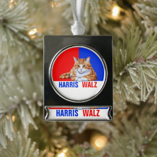 Harris Walz 2024 Obviously Cat Red Blue Silver Plated Banner Ornament