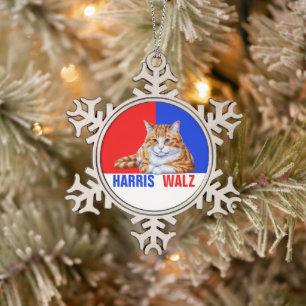Harris Walz 2024 Obviously Cat Red Blue Snowflake Pewter Christmas Ornament