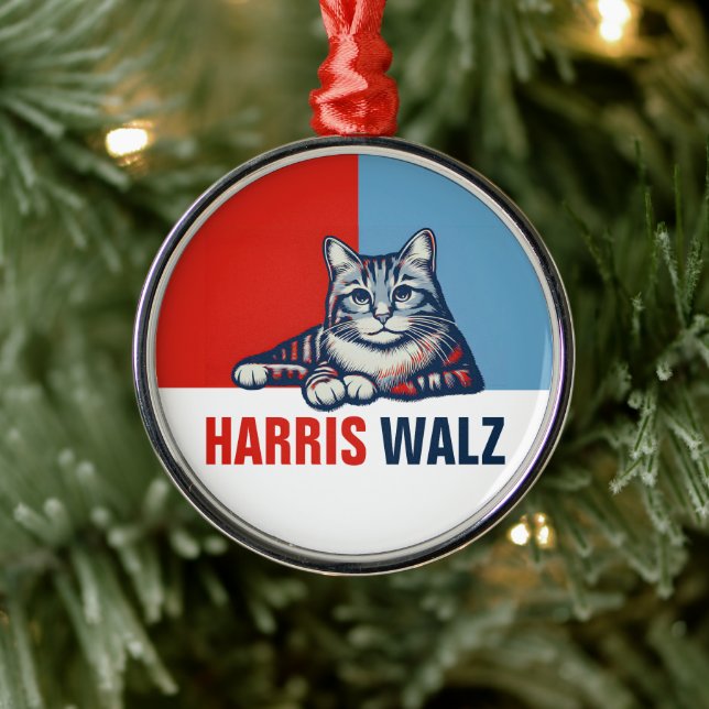 Harris Walz 2024 Obviously Red Blue Cat Metal Ornament (Tree)