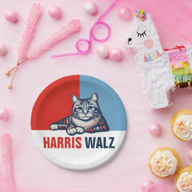 Harris Walz 2024 Obviously Red Blue Cat Paper Plate (Party)