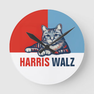 Harris Walz 2024 Obviously Red Blue Cat Round Clock