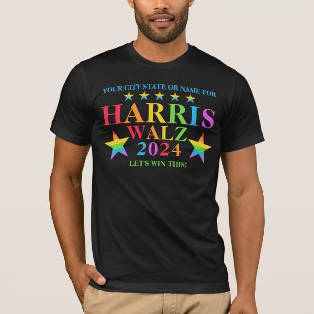 Harris Walz 2024 Pride Rainbow Stars Cool Election T-Shirt (Front)
