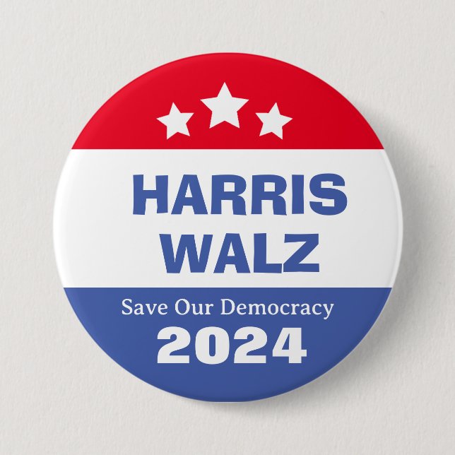 Harris Walz 2024 Save Our Democracy  7.5 Cm Round Badge (Front)