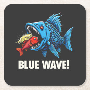 Harris Walz Election Blue Waves Democrat Fish  Square Paper Coaster