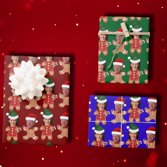 Harris Walz Face Gingerbread Christmas Gift Wrapping Paper Sheet (Creator Uploaded)