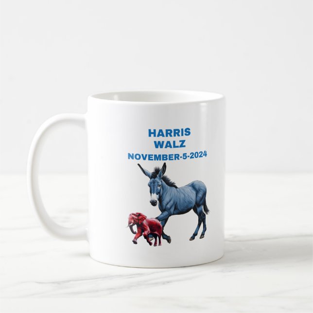 Harris/Walz, vote blue, donkey elephant, elections Coffee Mug (Left)