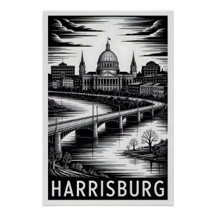 Harrisburg Pennsylvania Skyline Black White Woodcu Poster