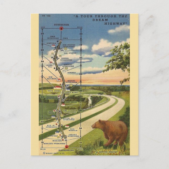 Harrisburg to Pittsburg Map  Postcard (Front)