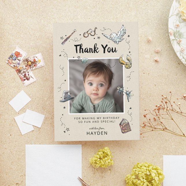 Harry Potter 1st Birthday Thank You Card (Thank you card simulated on table)