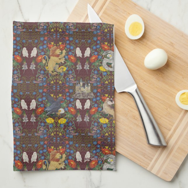 HARRY POTTER™ | Burgundy Watercolor Icon Pattern Tea Towel (Quarter Fold)