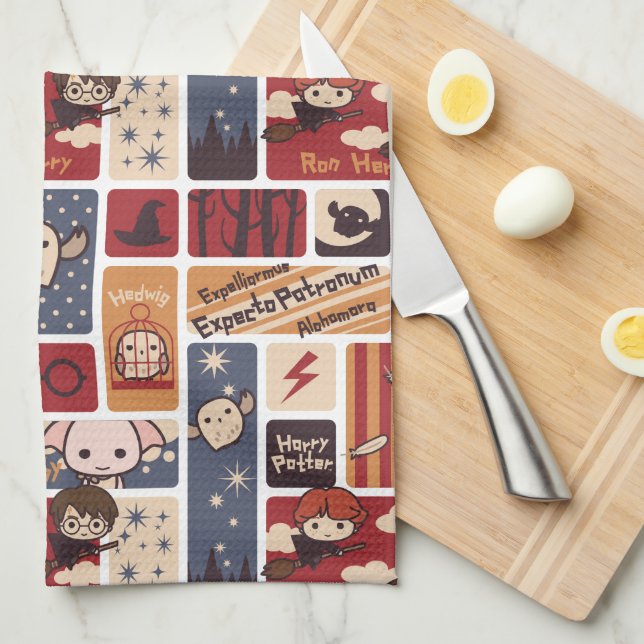 Harry Potter Cartoon Scenes Pattern Tea Towel (Quarter Fold)