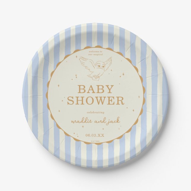 Harry Potter Hedwig Blue Stripe Baby Shower Paper Plate (Front)