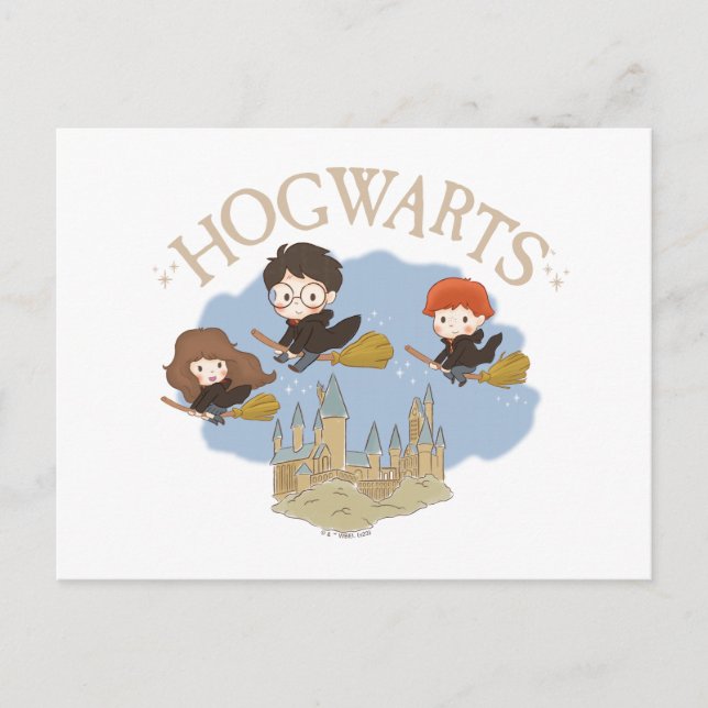 HARRY POTTER™, Hermione, & Ron Fly Over HOGWARTS™ Postcard (Front)