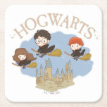 HARRY POTTER™, Hermione, & Ron Fly Over HOGWARTS™ Square Paper Coaster<br><div class="desc">HARRY POTTER™ | Check out this adorable illustration of Harry,  Hermione,  and Ron fly on broomsticks over HOGWARTS™ Castle!</div>