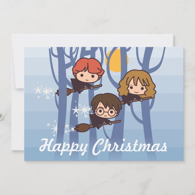 Harry, Ron, & Hermione Flying In Woods Christmas Holiday Card (Front)