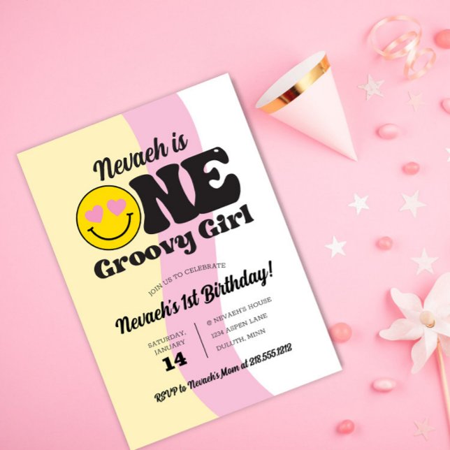 Hart Emoji One Groovy Girl 1st Birthday Invitation (Creator Uploaded)