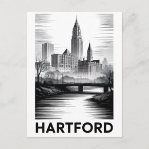 Hartford Connecticut Skyline Black White Woodcut Holiday Postcard