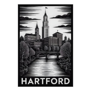 Hartford Connecticut Skyline Black White Woodcut Poster