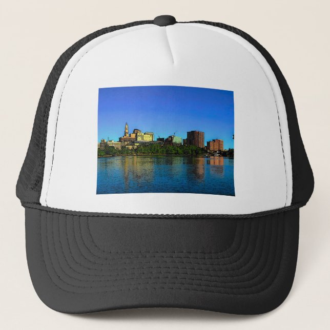 Hartford Connecticut Skyline Cartoon Trucker Hat (Front)