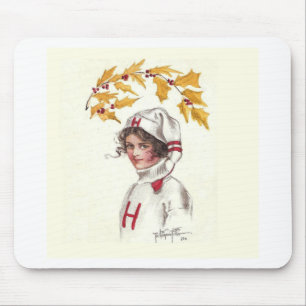 Harvard Coed in Winter with Holly Branch Mouse Pad