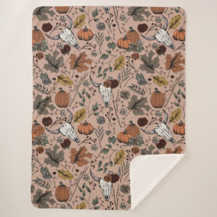 Harvest and Horns Cow Skull Vintage Rose Sherpa Blanket