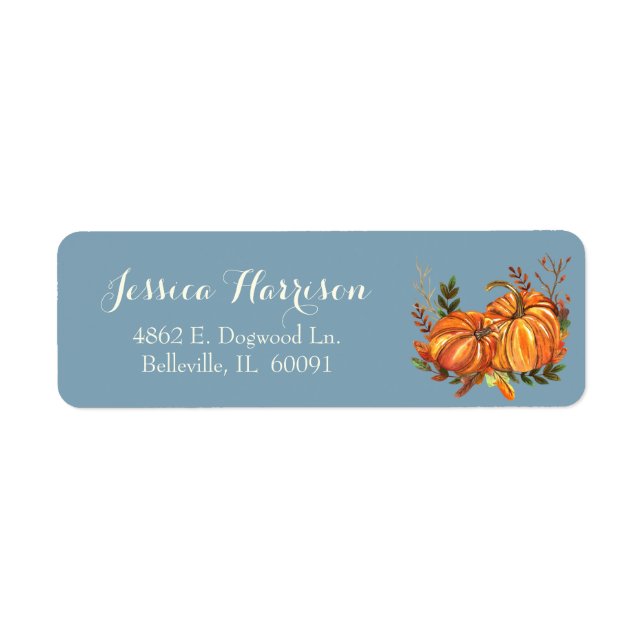 Harvest Fall Pumpkins Leaves Blue Return Address Label (Front)