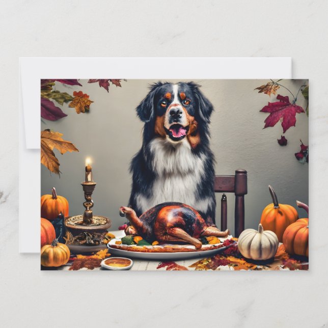 Harvest Feast with Bernese Dog Happy Thanksgiving Holiday Card (Front)