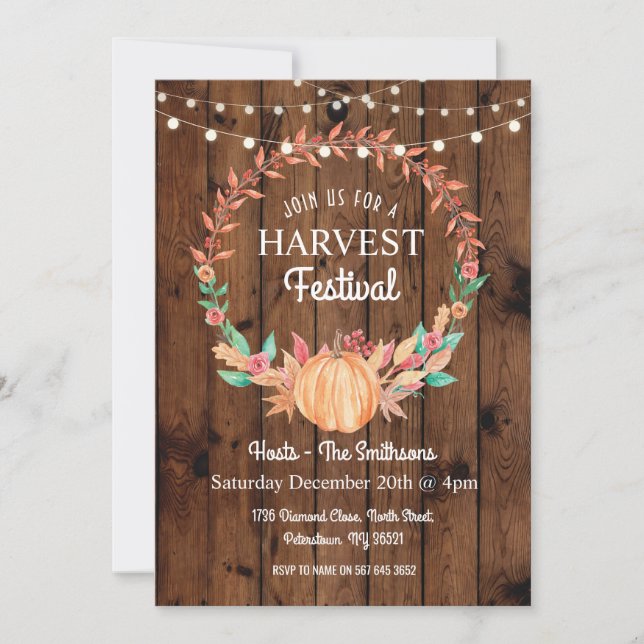 Harvest Festival Pumpkin Fall Wood Floral Invite (Front)