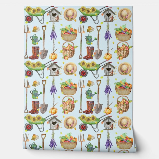 Harvest Gardening Tools Fruit And Flowers Wallpaper (Unrolling)