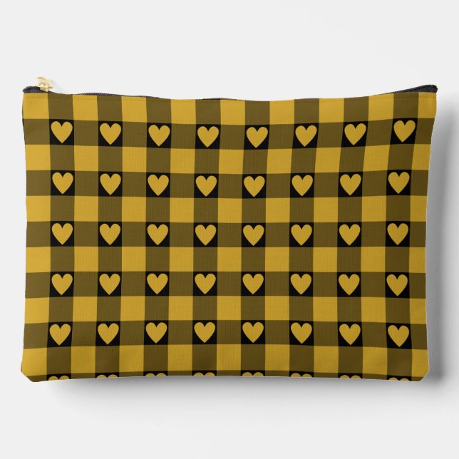 Harvest Gold Black Buffalo Heart Plaid Accessory Pouch (Front)