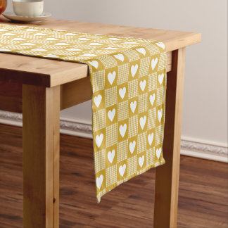 Harvest Gold Gingham Heart Patch Plaid Short Table Runner